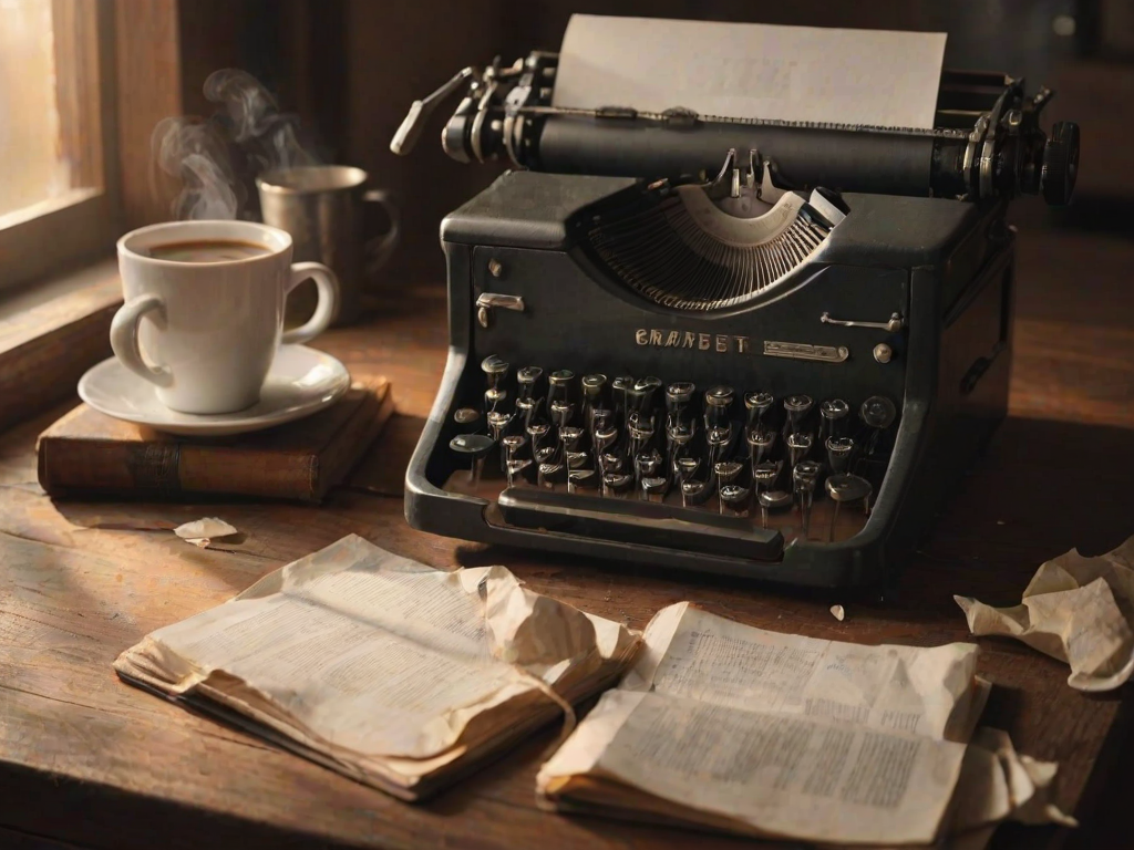 Warmly lit photo of a vintage typewriter on a wooden desk, with crumpled pages scattered around and a steaming cup of coffee nearby, soft light illuminating the scene.