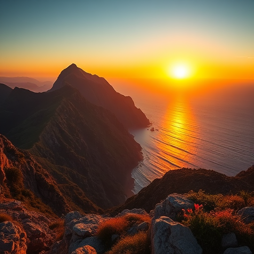 landscape of a mountain range overlooking the ocean during golden hour, captured with a Canon EOS R5, 24mm lens, f/8 aperture, ISO 100, 1/200 sec shutter speed, wide-angle view, high dynamic range to enhance details and colors