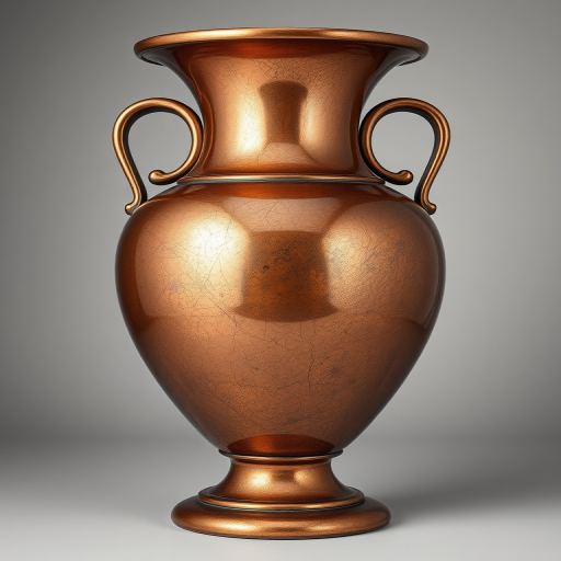 Create a highly detailed image of a classic amphora vase with a smooth bronze finish, soft lighting highlighting its curves, shot with a Canon EOS R5, using a f/2.8 aperture, ISO 100, 50mm lens, in a studio setting for enhanced focus and clarity.
