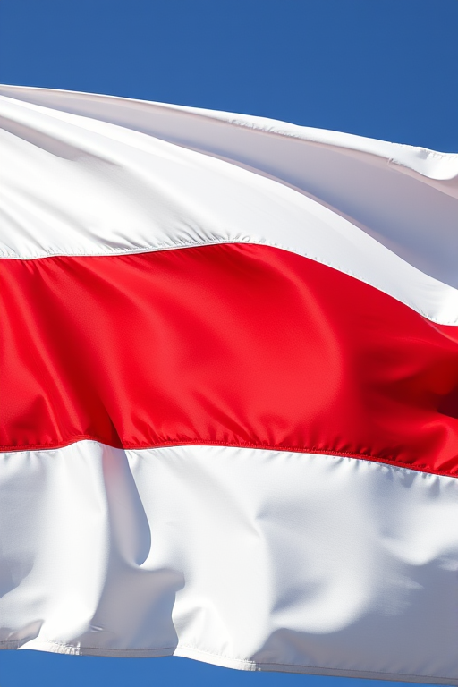 Create a high-resolution image of a flag featuring a horizontal split with a white upper half and a red lower half, using a DSLR camera at f/8 aperture, ISO 100, with a 50mm lens, shot from eye level in natural light to enhance color vibrancy and clarity.