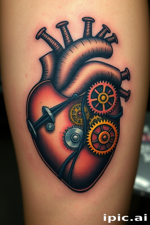 Steampunk mechanical heart tattoo, "Clockwork Pulse," depicting an anatomical heart composed of intricate gears, cogs, and pistons in various metallic shades, with subtle pops of color to represent life and energy flowing through the machinery