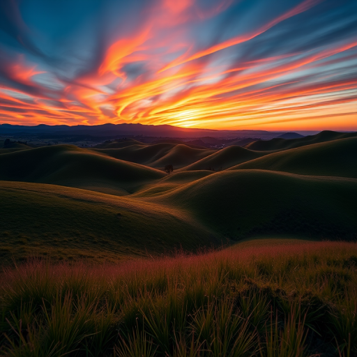 Create a high-resolution image of a serene landscape featuring rolling hills under a vibrant sunset sky, shot with a Canon EOS R5, 50mm lens, aperture f/1.8, ISO 100, with a shallow depth of field for a soft background blur, using a warm color palette.