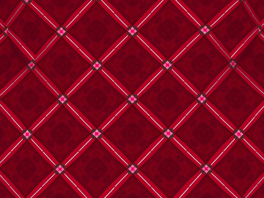 Create a repeating diamond pattern with red and pink colors, include white dashed lines intersecting, shot with a Canon EOS R5 at f/8, ISO 100, 50mm lens, top-down view in high dynamic range style to enhance clarity and vibrancy.