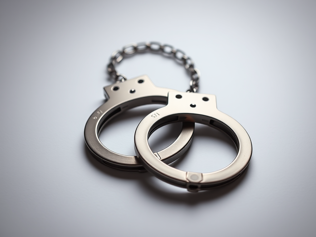 Create a high-resolution image of handcuffs on a plain background using a DSLR camera with a 50mm lens, aperture f/1.8, ISO 100, and a shallow depth of field for a sharp focus on the handcuffs.