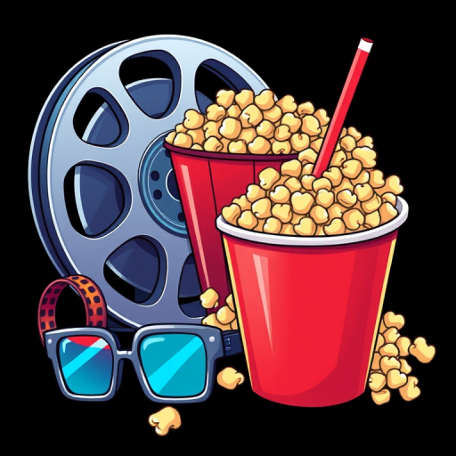 Create an illustration of a film reel, a large bucket of popcorn, a soda cup with a straw, and 3D glasses, with a focus on vibrant colors and a playful cartoon style, using a DSLR camera, shot from a top-down view, aperture set to f/2.8 for a shallow depth of field, ISO 200 for clarity, and a shutter speed of 1/125 to capture details.