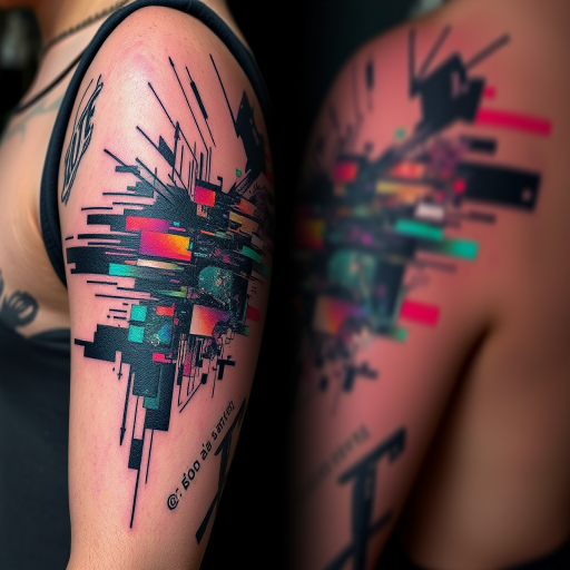 Glitch art tattoo called "Digital Distortion" depicting fragmented and distorted imagery with pixelated elements and color shifts creating a modern and tech-inspired design