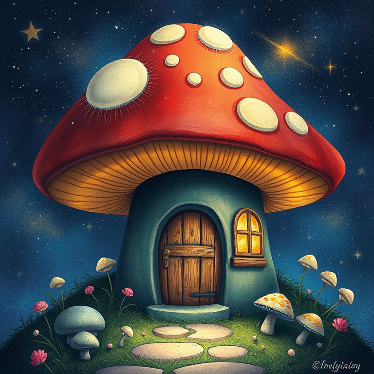 imagine illustration of a mushroom house with a door and a window, a storybook , fantasy art, mushroom house, bg starry sky, sparkles