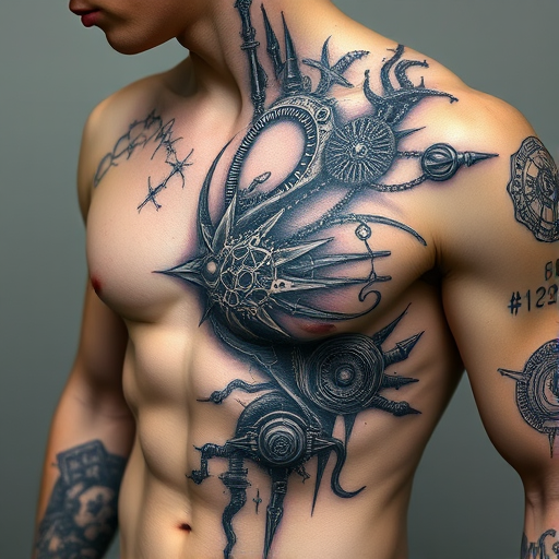 Biomechanical tattoo piece dubbed "Cybernetic Evolution" merging organic forms with mechanical components to create a hyper-realistic design that appears to reveal the inner workings beneath the skin