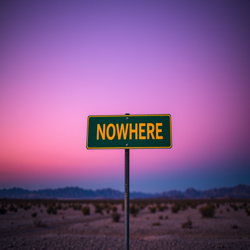 Create an image of a single green signpost with the word "NOWHERE" in bold yellow text pointing right, set against a twilight sky gradient transitioning from deep purple at the top to light purple near the horizon, with a barren desert landscape below, captured with a DSLR camera, f/1.8 aperture, ISO 100, 50mm lens, portrait orientation, soft focus.