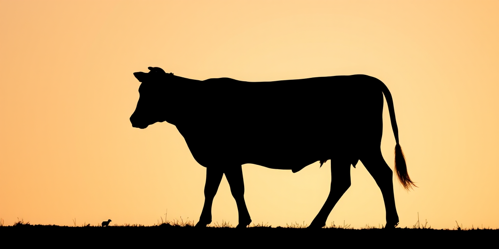 Create a high-quality image of a black silhouette of a cow standing in profile, captured with a Canon EOS R5, 50mm lens, f/1.8 aperture, ISO 100, and a shallow depth of field against a soft gradient background.