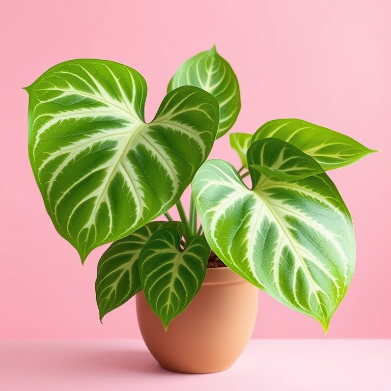 Create a high-resolution digital illustration of a potted plant with large green leaves featuring prominent white veins, set against a solid pink background, using a DSLR camera with a 50mm lens, aperture f/2.8, and a shallow depth of field to enhance detail and focus on the plant while softly blurring the background.
