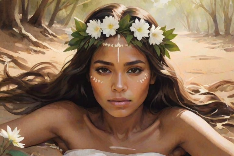 create a watercolor painting of an ethereal portrait of beautiful Guarani woman with a simple white flower crown on her head. Her hair is long and she is lying on the ground. The sunlight on the trees casts shadows from the leaves on her face and body. The background is a neutral brown color that matches her skin tone. The image is minimalist and solid colors. This style is characterized by soft, delicate brushstrokes and a light, airy, contrasting color palette. High level of detail and play of light