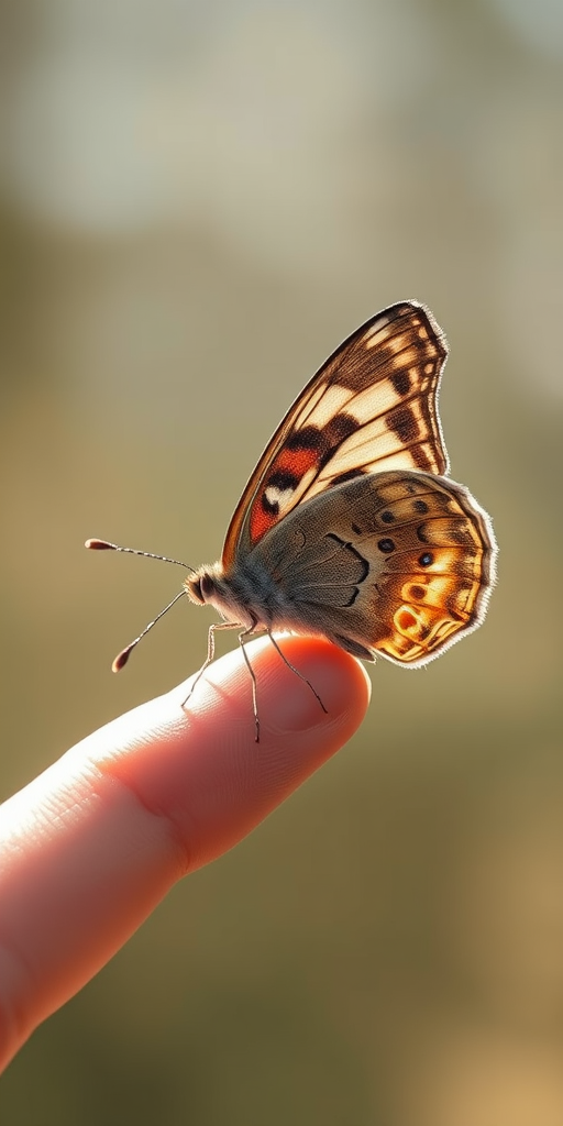 Generate an image of a butterfly perched delicately on a person's finger. The butterfly should have a mix of brown and gray wings with intricate patterns. The background should be softly blurred to emphasize the butterfly and the hand. The lighting should be natural and softly illuminated.