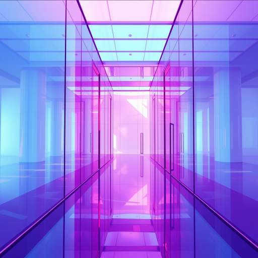 Create a hyper-realistic 3D render of a vibrant, abstract architectural space featuring transparent and colored glass structures in shades of purple and blue, incorporating soft lighting effects and reflections, using a 50mm lens with f/2.8 aperture, ISO 100, focal length 50mm, and a DSLR camera.