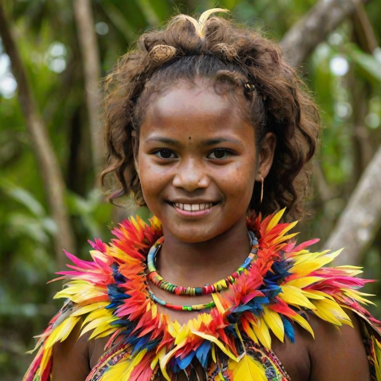A beautiful Melanesian girl, wearing colorful bird clothing with vibrant colors