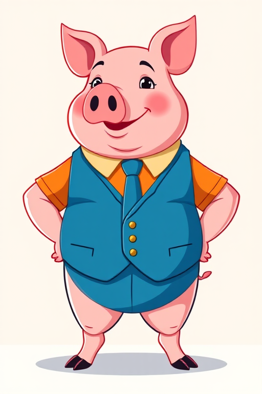 Create a digital illustration of a cartoon pig character wearing a blue vest, orange shirt, and tie, standing confidently with hands on hips, in a vibrant color palette, captured with a Canon EOS R5, 35mm lens, f/4 aperture, 1/200s shutter speed, in a flat design style, ensuring high clarity and detail.