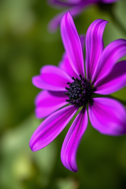 close-up of a vibrant purple flower with delicate petals and a dark center, shallow depth of field, 50mm lens, f/2.8 aperture, ISO 100, natural light, DSLR camera, macro photography style, focus on the flower with a blurred green background