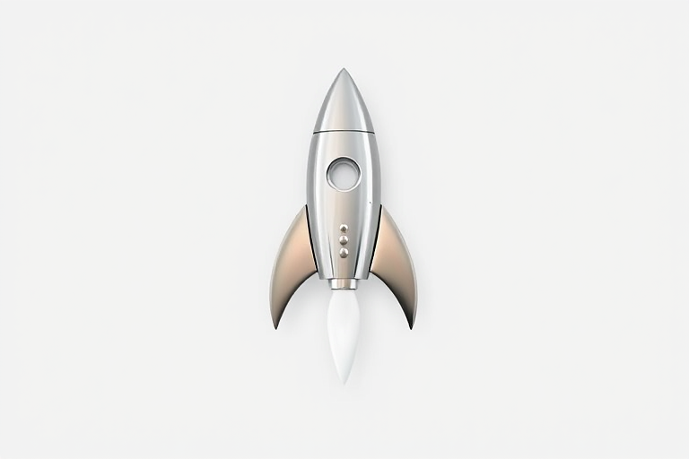 Create a sleek, shiny silver rocket icon on a clean white background, captured with a Canon EOS R5, 50mm lens, f/1.8 aperture, ISO 100, in soft natural lighting for high clarity and detail.