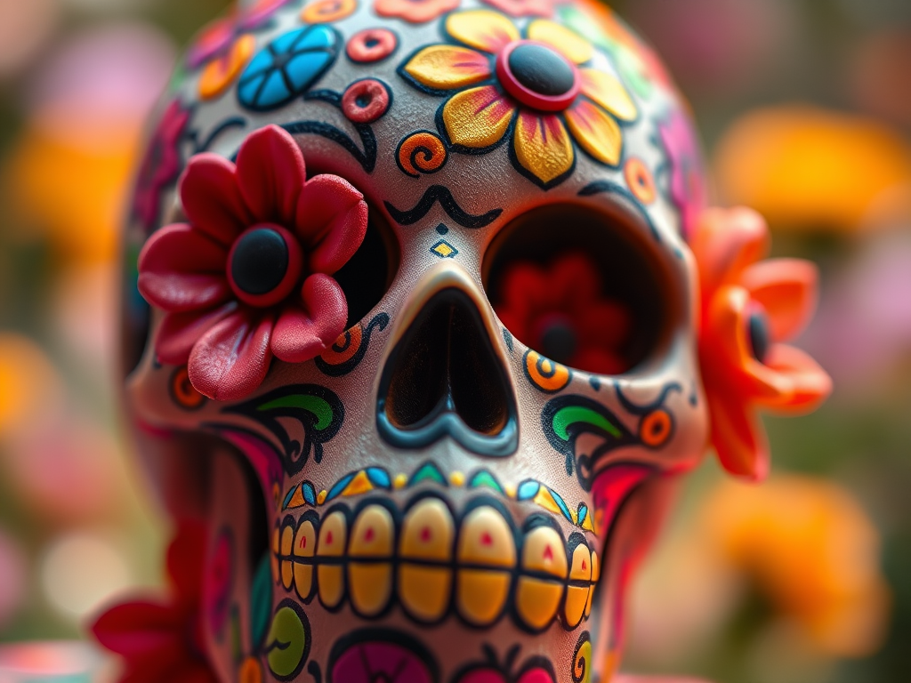 Create a vibrant close-up of a colorful sugar skull decorated with flowers and intricate patterns, with soft bokeh in the background, using a DSLR camera, f/1.8 aperture, ISO 200, 50mm lens, natural light for enhanced color saturation and detail.