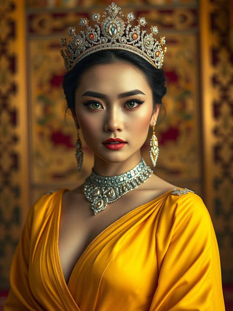 A gorgeous Tibetan woman in a luxurious Yellow gown, accessorized with a dazzling tiara and statement earrings, her deep green eyes highlighted by impeccable makeup, poised in a royal setting, photorealistic, 8K quality