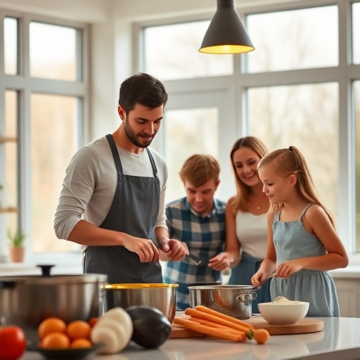 a family cooking together in a modern kitchen with large windows, soft natural lighting, close-up shot, aperture f/2.8, ISO 100, 50mm lens, high dynamic range, DSLR camera