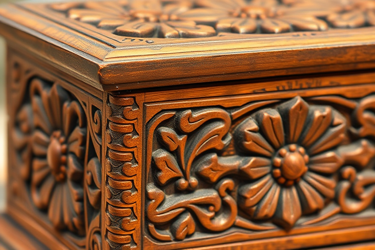 Create a highly detailed close-up image of a vintage wooden decorative box with intricate floral carvings, using a DSLR camera with a 50mm lens, aperture f/1.8, ISO 200, at a slight diagonal angle to capture depth, in natural soft lighting to enhance the textures and colors.