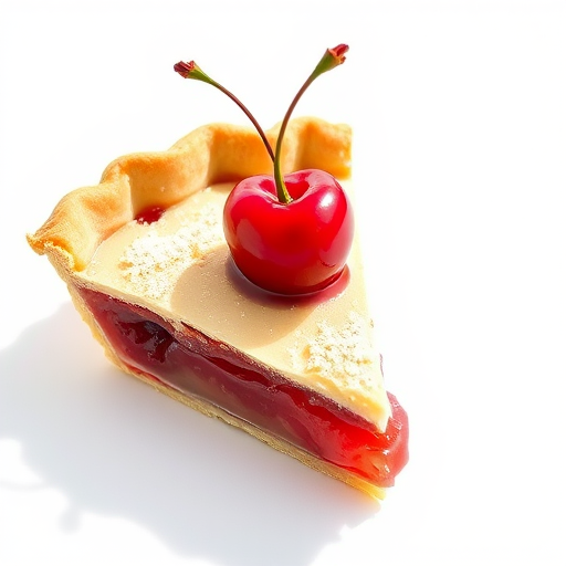 Create a high-resolution digital illustration of a slice of cherry pie with a single cherry on top, using a Canon EOS R5 with a 50mm lens, aperture f/2.8, ISO 100, in natural light to enhance colors and shadows, with a clean white background for a minimalistic look.