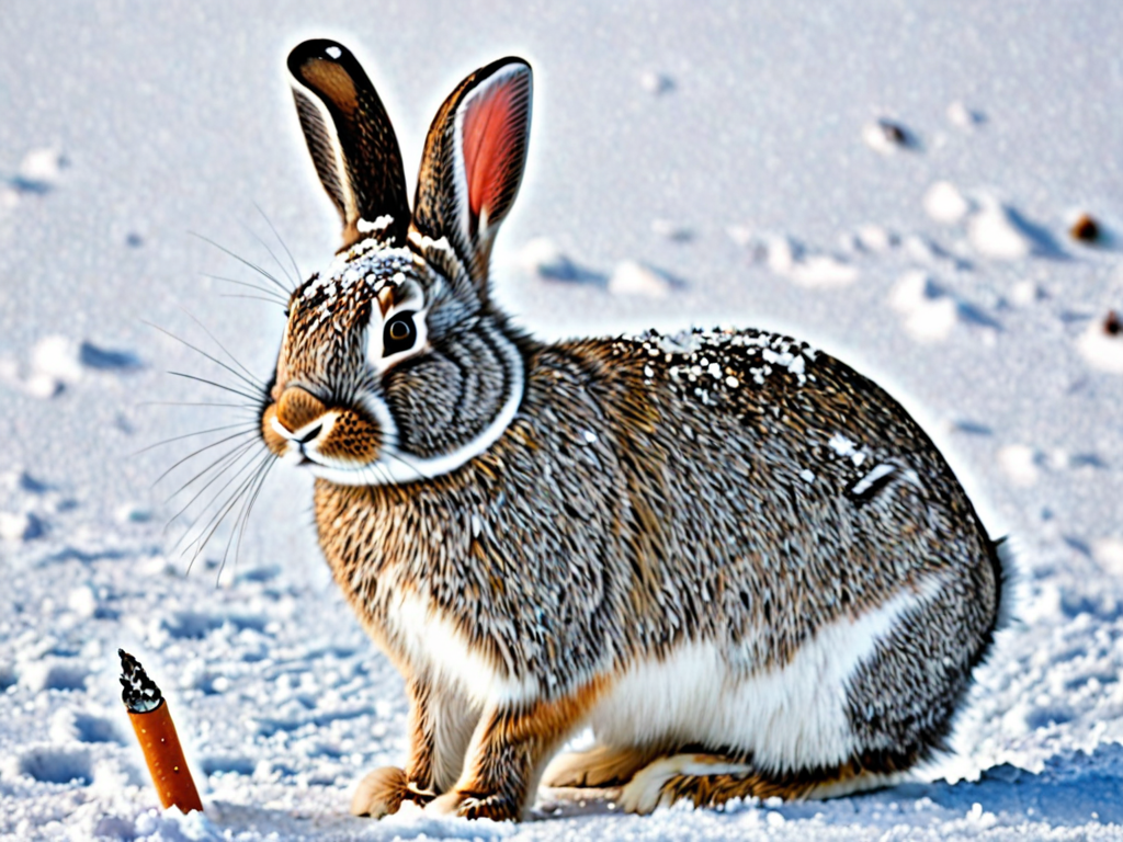 a snow rabbit that rolling a cigarete