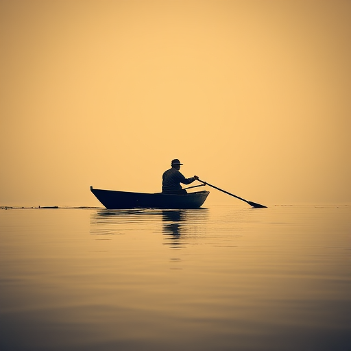 Create a high-contrast vector image of a person rowing a boat on water with a minimalist design, use a 50mm lens at f/4, shot from a low angle, with an HDR camera setting for enhanced details and clarity.