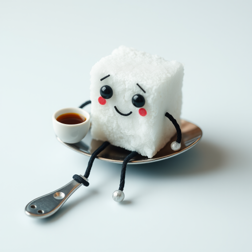 A sugar cube with a face and legs, sitting on a spoon and sipping a tiny cup of coffee.