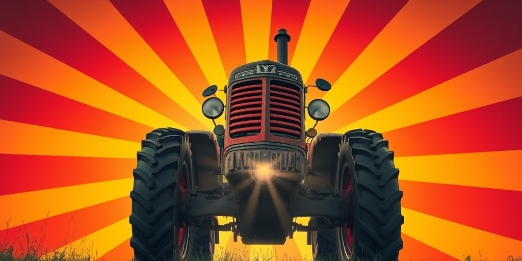 Regenerate an image of a vintage tractor on a vibrant radial sunburst background, camera settings: ISO 100, aperture f/8, shutter speed 1/200s, camera view: low angle, camera style: high dynamic range, camera type: DSLR with wide-angle lens.