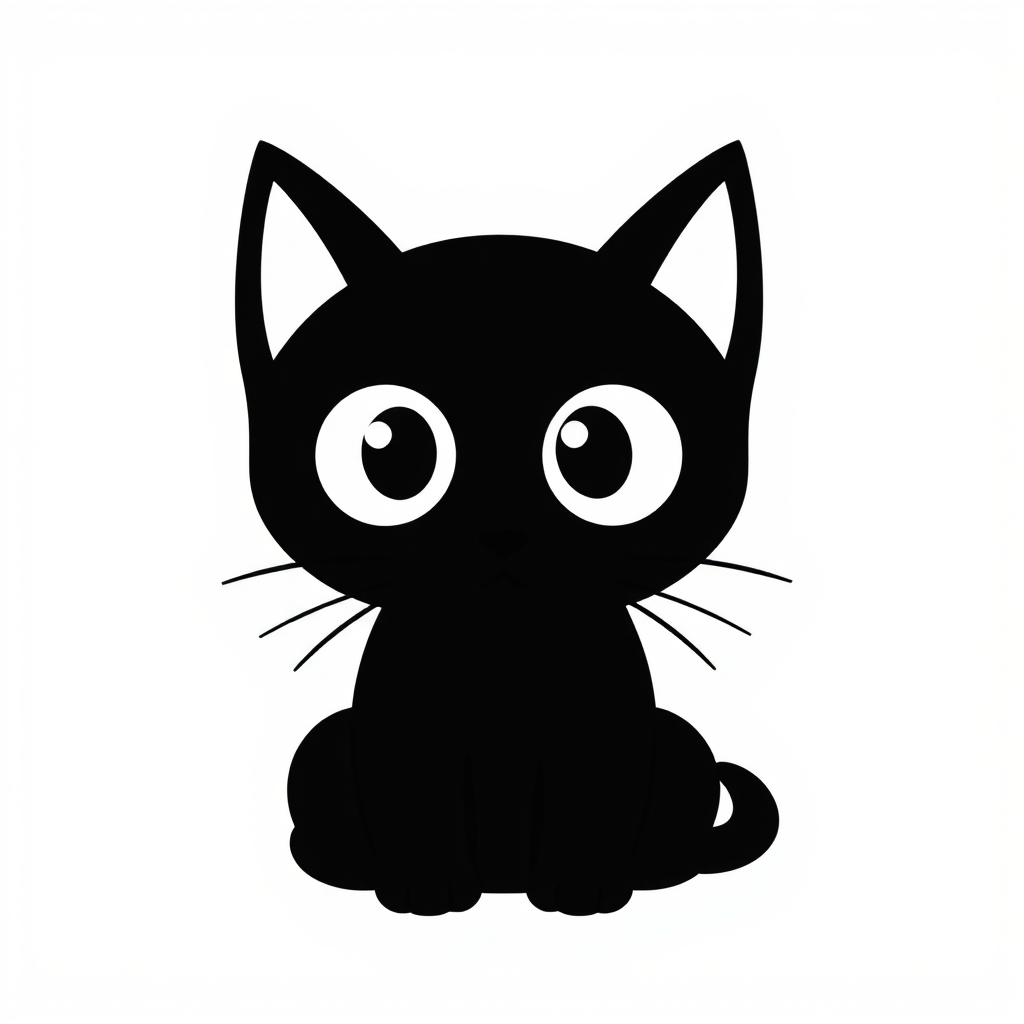 Create a black and white minimalist illustration of a cat. The cat should have large, round eyes and a simplistic, cartoonish style. Its ears should be tall and pointed, and its whiskers should be simple lines extending from its face. The background should be plain white to emphasize the cat's silhouette.