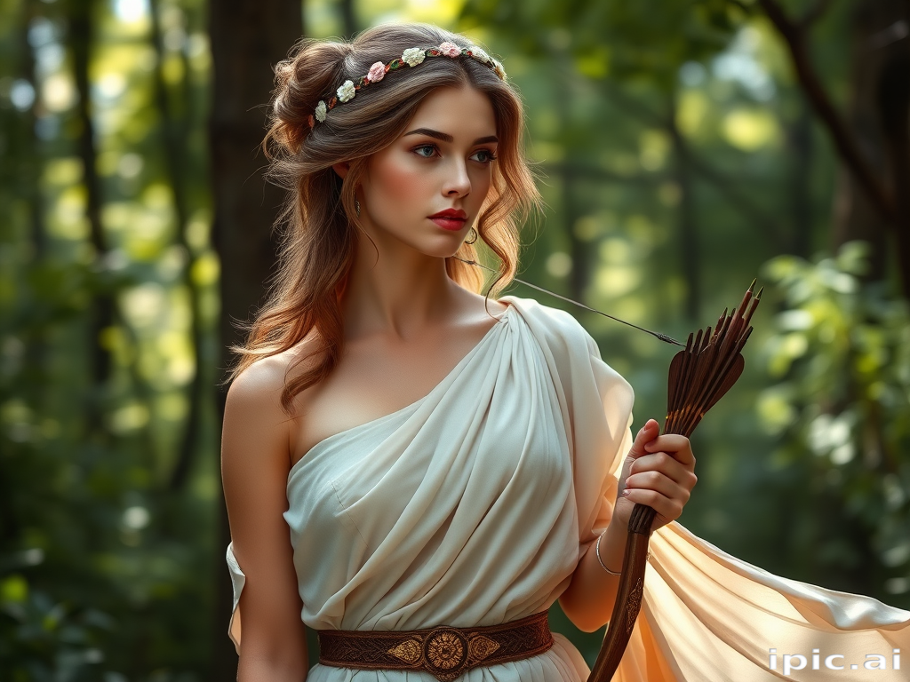 Create a portrait of a goddess-like female figure in a tranquil, forested environment. She has an elegant appearance with long, wavy hair styled in an updo and adorned with a delicate, floral headband. She wears a flowing, ancient Greek-inspired gown in a soft, pale color, featuring a one-shoulder design and draped fabric that accentuates her graceful form. The outfit includes a decorative belt with ornate gold detailing, and she holds a bow in her hand, with a quiver of arrows slung over her shoulder. The background depicts lush greenery, with sunlight filtering through the trees, casting a gentle, ethereal light on the scene. Her expression is calm and contemplative, embodying a sense of wisdom and serenity.