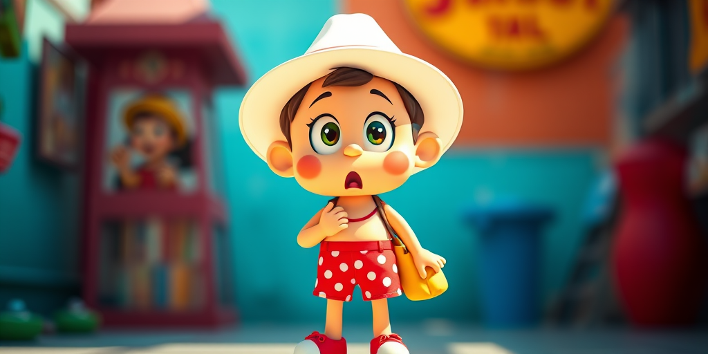 Create a colorful cartoon character with a surprised expression, wearing a white hat and red polka dot shorts, holding a yellow bag, shot in vibrant colors with a soft-focus background using a DSLR camera with a 50mm lens, f/1.8 aperture, ISO 100, in daylight.