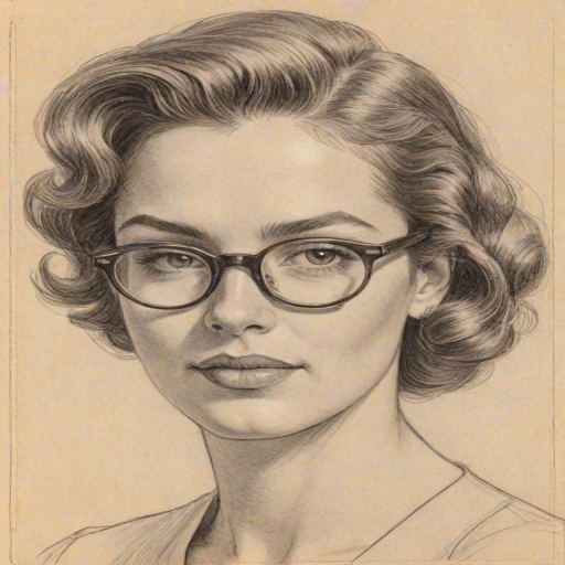 Fascinating Monique Gabriela Curnen, pencil sketch, portrait of Charming woman 1942s in glasses, hair style beatnik, outline, clear lines, fine lines, 8k