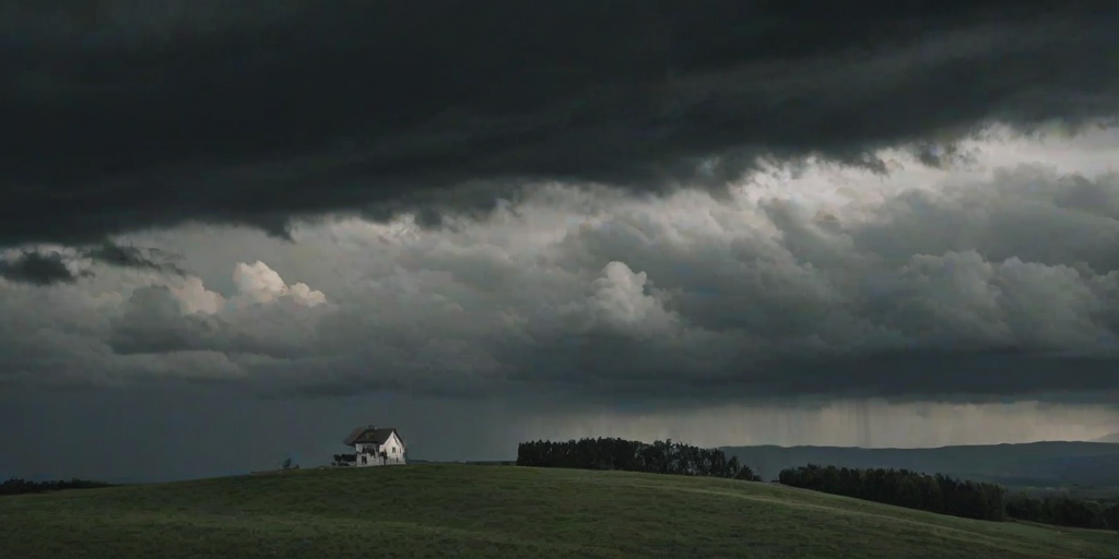 a solitary house on a hill under a stormy sky with dark clouds, monochrome tones, dramatic atmosphere