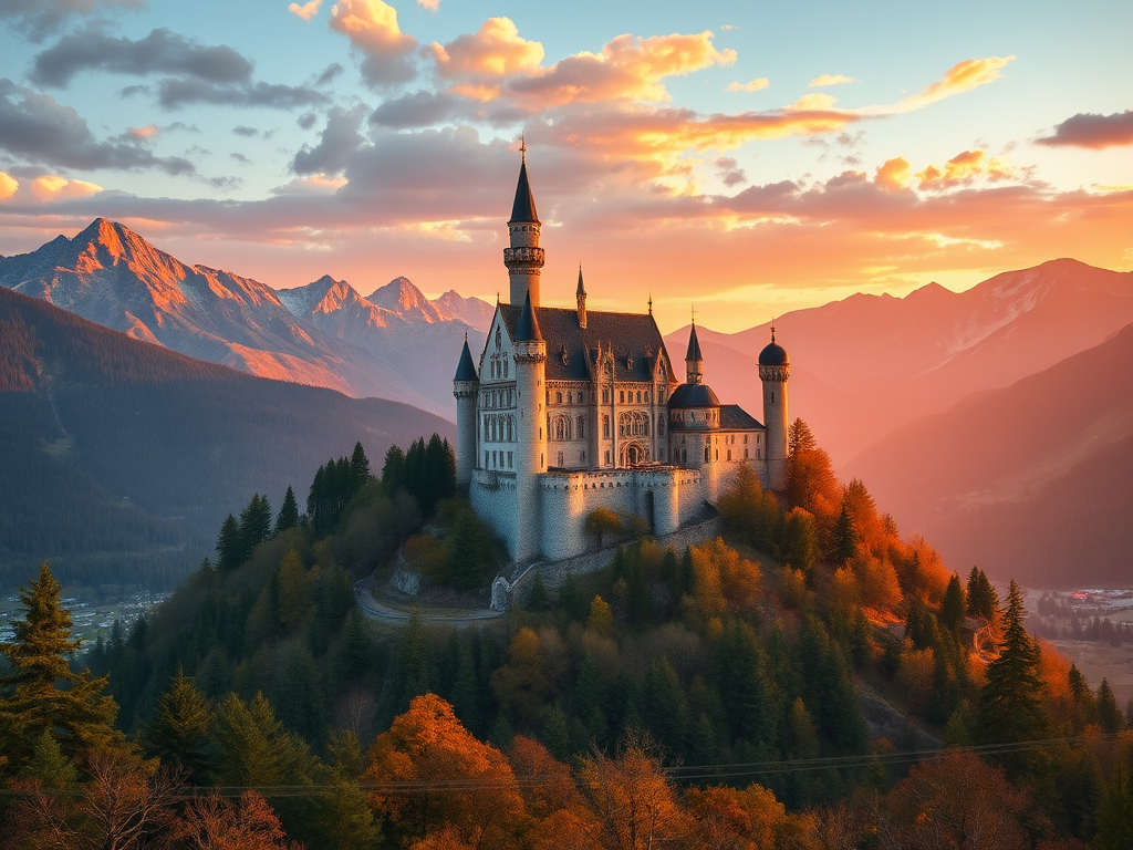 regenerate the image of a castle on a hill surrounded by trees and mountains in a cartoon style, with enhanced colors and sharp details, using a DSLR camera with a 24mm lens, aperture f/8, ISO 100, captured at sunset for vibrant lighting and dramatic shadows, wide-angle view to encompass the landscape.