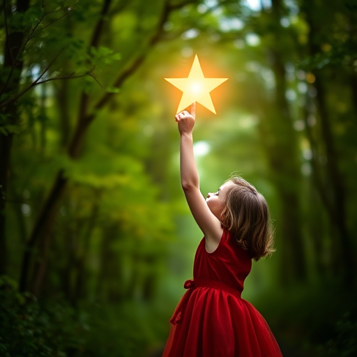 A young girl in a red dress reaches for a glowing star in a lush green forest, magical ambiance with sparkling lights, captured with a DSLR camera, 50mm lens, f/1.8, ISO 200, aperture priority mode, soft focus with a warm color palette, high dynamic range.