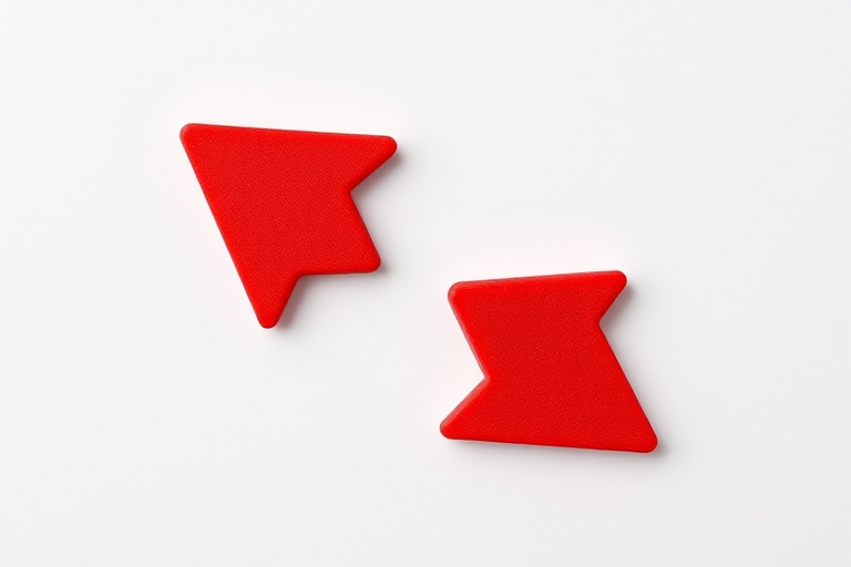 Create a high-resolution image of a simple red double arrow pointing left and right on a white background, shot with a Canon EOS 5D Mark IV at f/8, 1/200s, ISO 100, macro lens, overhead view for enhanced detail and clarity.