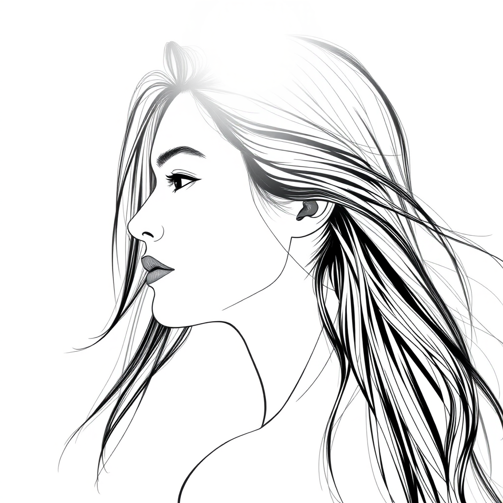 Create a high-contrast line drawing of a female profile with flowing hair, using a Canon EOS R5 with 50mm f/1.2 lens, aperture set to f/2.8, ISO 100, and a soft sunlight backdrop, capturing a side view with acute detail.