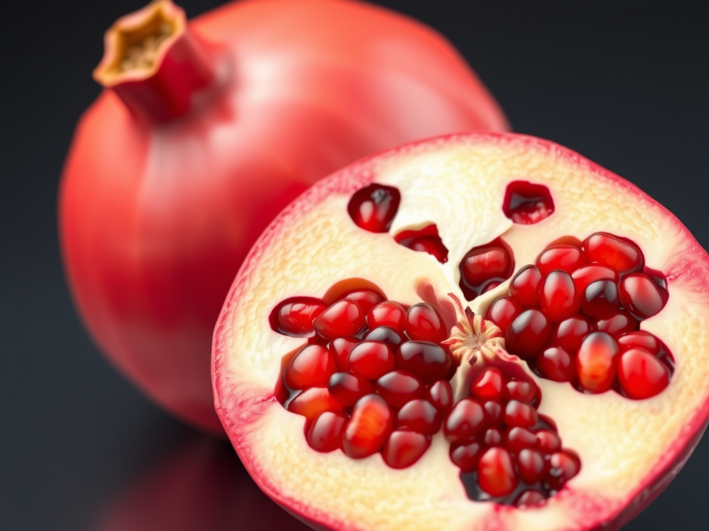 high-resolution 3D render of a pomegranate fruit and its cross-section, vibrant colors, smooth textures, soft lighting, close-up shot, macro lens, DSLR camera, f/2.8, ISO 100, 50mm focal length, natural light.