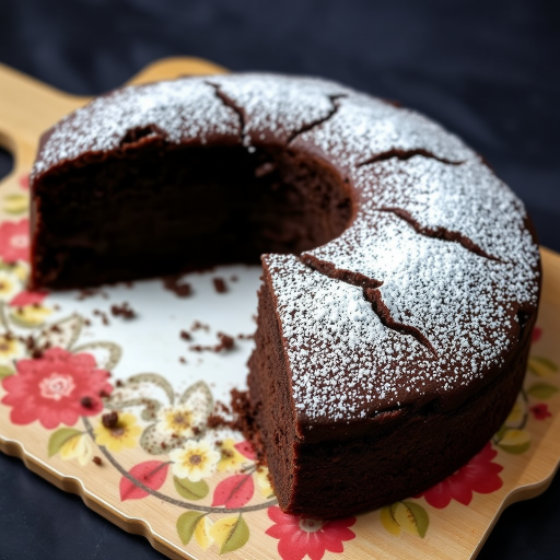 A freshly baked chocolate cake with a slice cut out, topped with powdered sugar, placed on a decorative cake board, with a dark textured background.