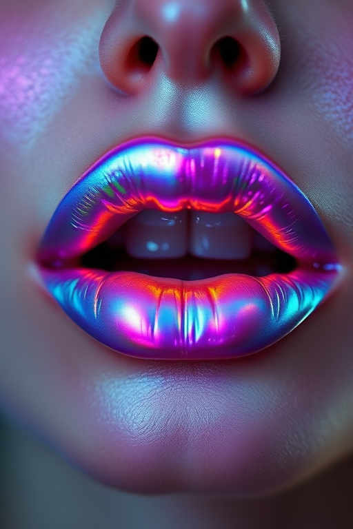 Holographic iridescent lips shifting colors in the light, from lavender to teal, futuristic and enchanting, pushing the boundaries of lip artistry