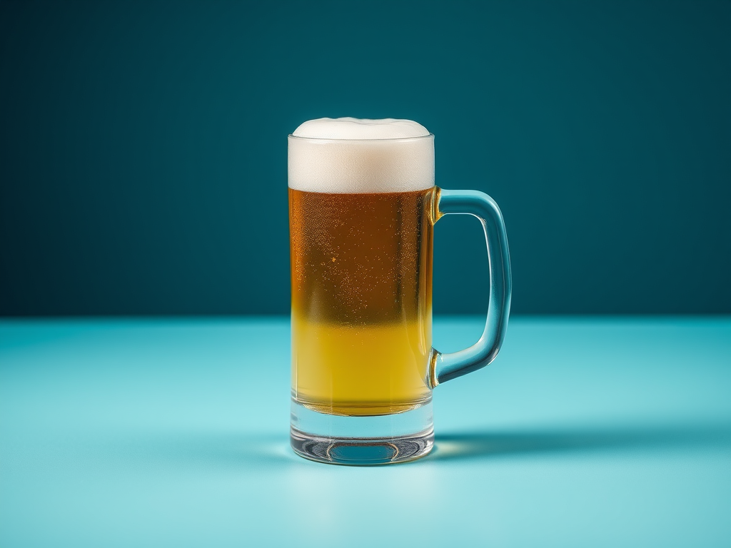 Create an image of a frothy mug of beer on a solid teal background, using a Canon EOS 5D Mark IV camera, 50mm lens, f/2.8 aperture, ISO 100, with a shallow depth of field to create a blurred background effect.