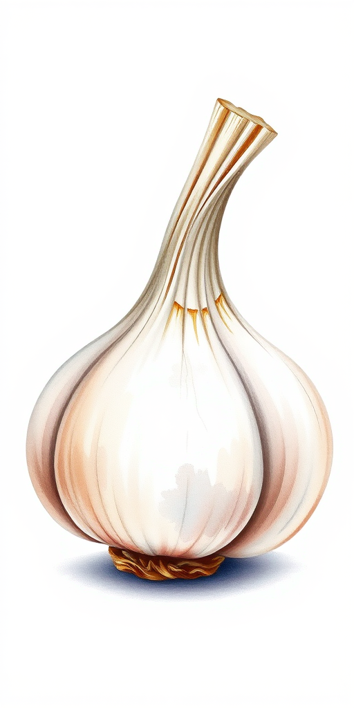high-resolution watercolor illustration of a garlic bulb on a white background, captured with a Canon EOS 5D Mark IV, f/8 aperture, 1/125s shutter speed, ISO 100, soft natural lighting, macro lens for enhanced detail