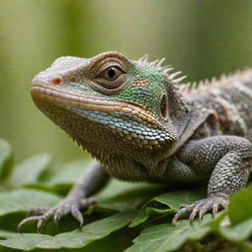 a close-up of a lizard resting on green foliage, showcasing its detailed skin texture and bright eyes in a natural, blurred background