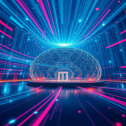 Create a hyper-realistic digital rendering of a futuristic dome-shaped structure surrounded by glowing data points and vibrant light trails, captured with a Canon EOS R5 at f/1.8, ISO 100, 24mm, in a macro view, using long exposure to emphasize motion and light dynamics.