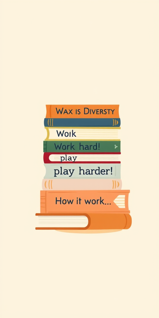 Create an illustration of stacked books with titles like "Diversity," "Work hard, play harder!," and "How to make it work...," in a minimalist style on a light beige background using a digital tablet, 300 DPI resolution, top-down view, with soft lighting and smooth textures.