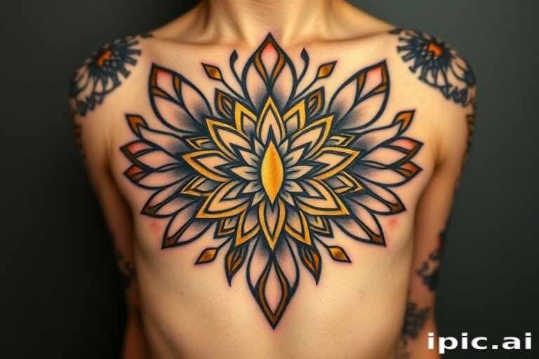 Art deco-inspired tattoo featuring symmetrical patterns, bold geometric shapes, and metallic gold accents, capturing the glamour and sophistication of the roaring twenties