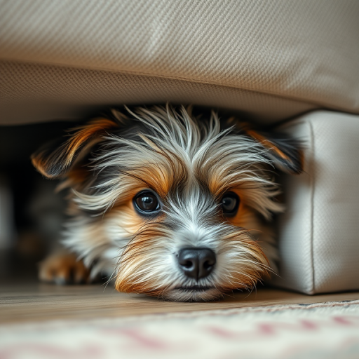 Close-up shot of a furry dog peeking from under a couch, 50mm lens, aperture f/2.8, ISO 200, natural lighting, shallow depth of field, DSLR camera.